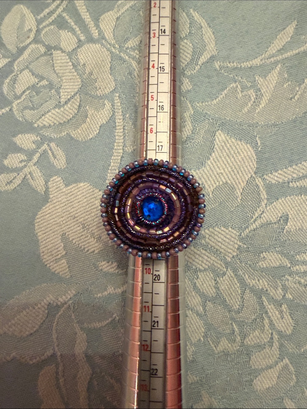 Handcrafted Purple Beaded Statement Ring with Blue Center